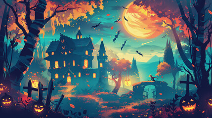 Spooky Haunted House with Jack-o'-Lanterns and Bats Under a Full Moon on Halloween Night