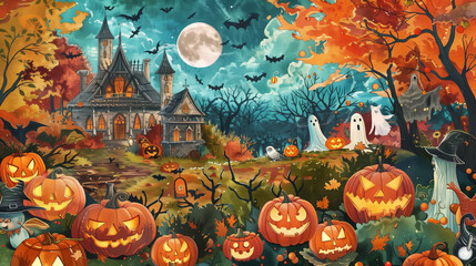 Haunted Halloween Night with Pumpkins Bats and Ghosts