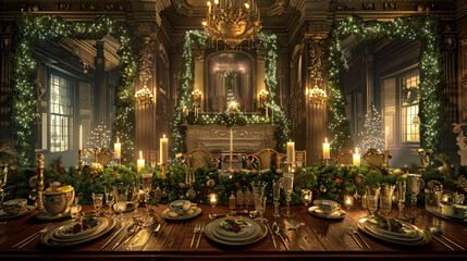 Obraz premium Elegant Holiday Banquet: Festive Dining Room Set for Christmas Dinner