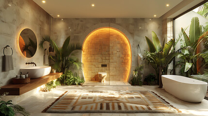 High-resolution image of a virtual reality bathroom interior in white and warm light with hyper-graphic design, showcasing sleek fixtures, illuminated geometric tiles, and a cozy, futuristic 