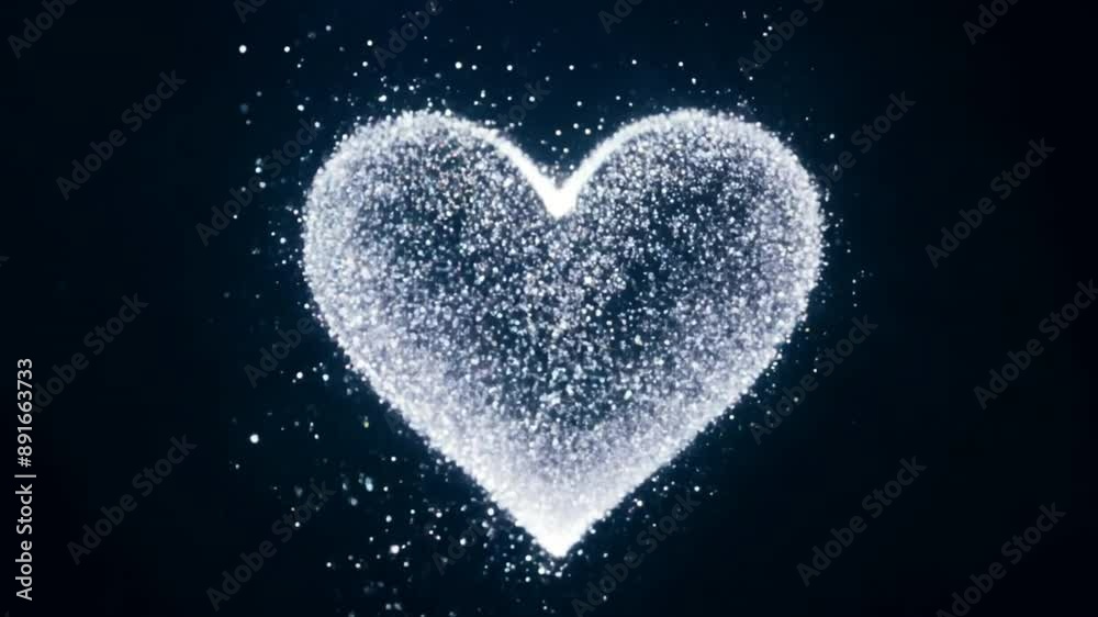 Poster A heart made of glitter is floating in the air. The heart is surrounded by a cloud of glitter, giving it a dreamy and ethereal appearance. Concept of wonder and magic
