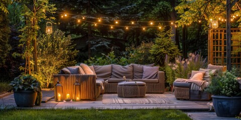 Cozy Backyard Patio with String Lights for Christmas. Warm Garden Outdoor Leisure with Comfortable Furniture, Lush Green Plants, and Relaxed Ambiance for Summer Nights and Team Building Events