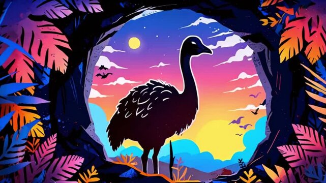 夕焼けの背景にダチョウのシルエットデザイン 明るくキュートなアニメーション