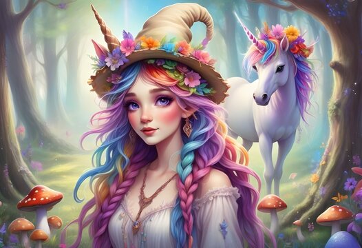 A charming fairy pixie with multicolored long messy braided hair under a boho styled hat, violet eyes, near a graceful unicorn with a long flowing rainbow mane and tail, in a fantasy forest.