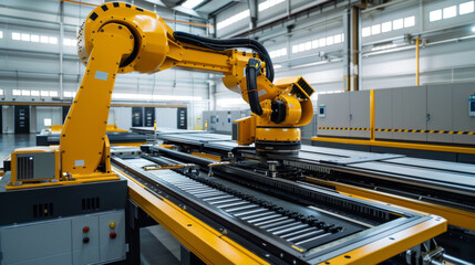 A yellow industrial robotic arm operates on a production line in a brightly lit, modern factory setting.