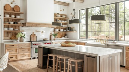A stylish transitional kitchen with open shelving