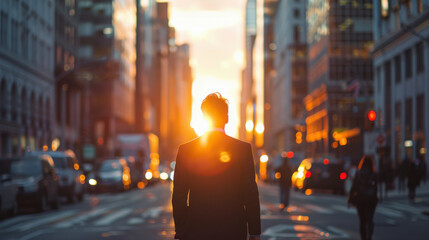 Fototapeta premium Silhouette of a man walking down a city street at sunset, with buildings and traffic in the background.