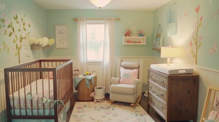 A stylish transitional nursery with a crib