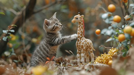 Obraz premium A cute kitten engaging with a giraffe stuffed animal.