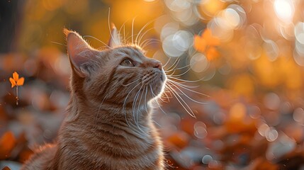 A ginger cat looks up at the sky amidst fall foliage.