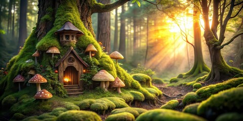 Naklejka premium Enchanted fairy house hidden in a moss-covered tree, surrounded by magical mushrooms and mystical forest scenery, fairy, house
