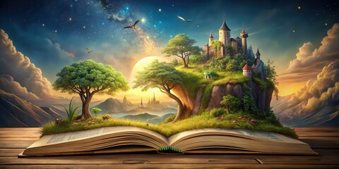 Enchanted fantasy world inside an open book , imagination, creativity, education, reading, fantasy, magical