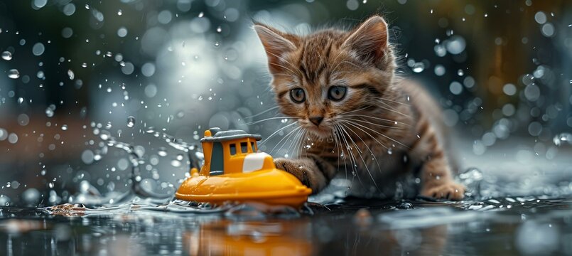 Cute kitten enjoying rainy day with toy boat. - Powered by Adobe