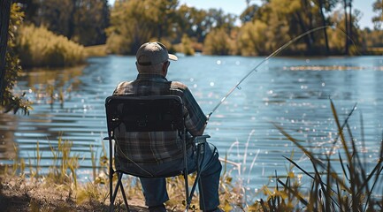 Obraz premium Fisherman sits on the chair with fishing rods for fishing on the lake. High quality AI generated image
