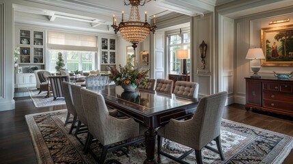 A transitional dining room with a dark wooden table