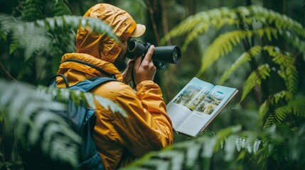 Birdwatching in a dense forest with a pair of binoculars and a guidebook