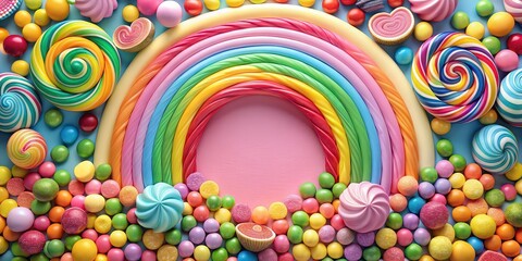 Obraz premium Beautiful pastel rainbow candy pieces in Candyland setting, candy, sweet, colorful, vibrant, dessert, confectionery
