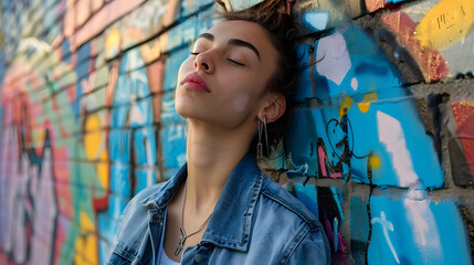 Naklejka premium A young woman in a denim jacket stands confidently against a wall with colorful graffiti. Her eyes are closed and she is looking upwards, possibly in thought or reflection