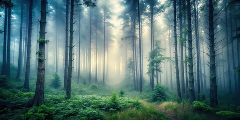 Obraz premium Mysterious fog creating an eerie atmosphere in a dense forest, fog, mist, woods, trees, spooky, mysterious, nature, tranquil