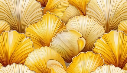 seamless pattern of yellow seashells on white background
