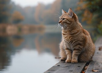 Obraz premium An orange cat sitting on a dock by the water.