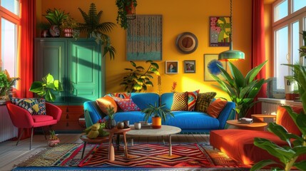 A vibrant living room with bold colors