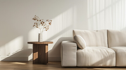 Minimalist living room interiors in war colors with elegant furniture and a large window casting lighting. Contemporary Real Estate interiors composition with copy space.