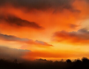 Fototapeta premium Warm autumn evening sky with orange and black gradient, perfect for Halloween-themed designs, sky, orange, watercolour, gradient