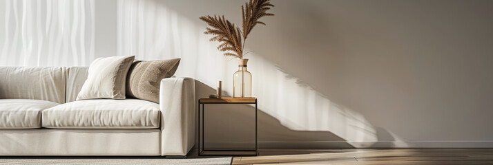 Minimalist living room interiors in war colors with elegant furniture and a large window casting lighting. Contemporary Real Estate interiors composition with copy space.