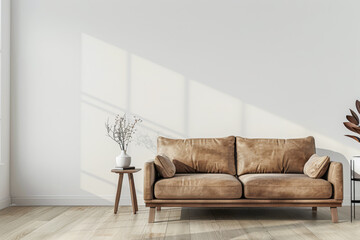 Minimalist living room interiors in war colors with elegant furniture and a large window casting lighting. Contemporary Real Estate interiors composition with copy space.