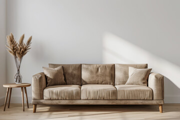Minimalist living room interiors in war colors with elegant furniture and a large window casting lighting. Contemporary Real Estate interiors composition with copy space.