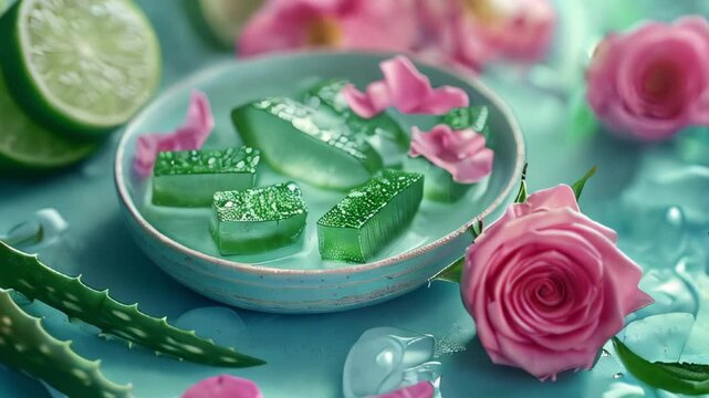 Aloe vera gel, rose water, vitamin E, face mask ingredients, still life, skin care consept