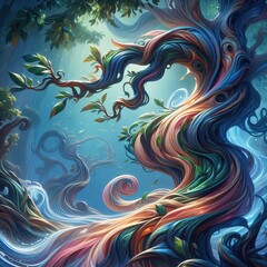 Fototapeta premium Whispering Woods: A mystical creature formed from twisted branches and glowing eyes in an enchanted forest