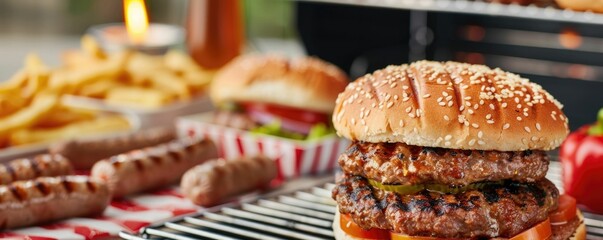 Mouthwatering Burgers and Hot Dogs Sizzling on the Grill at a Festive Labor Day Barbecue Surrounded by Patriotic and Lively Family