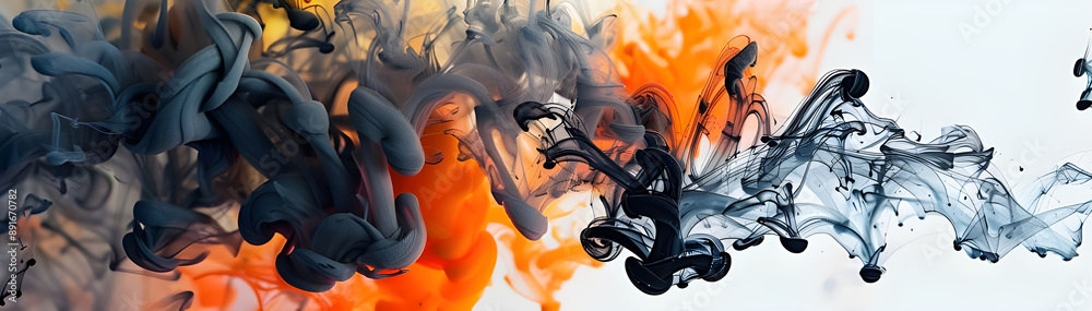 Poster abstract swirls of black and orange ink blend seamlessly, creating a dynamic and captivating fluid a