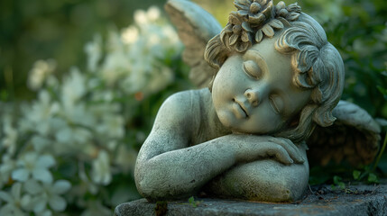 Obraz premium statue of an angelic figure, possibly a cherub, resting its head on its hand. The statue is adorned with intricate details, including wings, a delicate face, and a flower tucked behind its ear