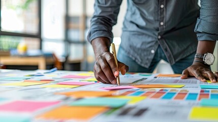 Obraz premium Close-up of a person writing on colorful sticky notes and documents spread on a table, representing planning and brainstorming.