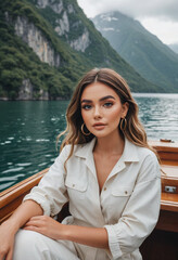  Influencer takes a boat ride with a breathtaking view, wearing waterproof makeup. 