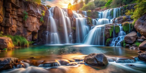 Serene waterfall cascading through rocks in soft liquid hues, waterfall, serene, rocks, cascading, soft, liquid, nature