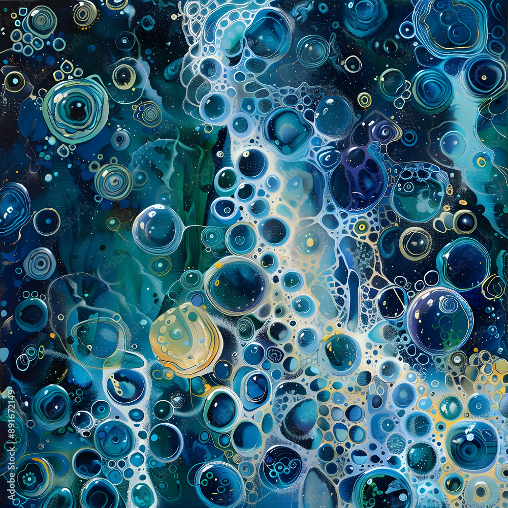 Poster Intricate abstract art featuring blue and green bubbles in various sizes, creating a dynamic and captivating visual effect.