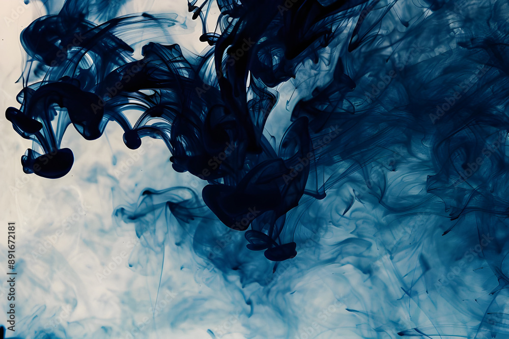 Poster dark blue ink creates mesmerizing swirling patterns in water, forming intricate and abstract shapes 