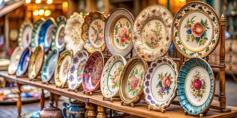 Detail of antique plates and dishes displayed on vintage market stall, vintage, antique, plates, dishes, display