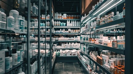 Pharmacy theme background. Medicine cabinets and Pharmacy Shelves. High quality AI generated image