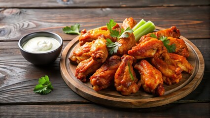 Fototapeta premium Buffalo wings on a background, spicy, chicken, food, appetizer, sauce, hot, delicious, traditional, buffalo sauce, deep fried