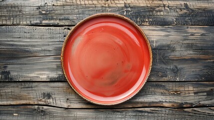 A bare red plate on a weathered wooden tabletop