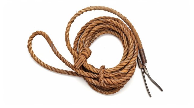 rustic coiled lasso rope isolated on white background western cowboy tool cutout. Tools isolated on white. Photo realistic photo.