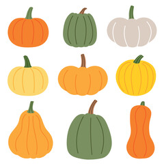 Vector autumn set of cute drawn pumpkin in orange, yellow, green and grey colors