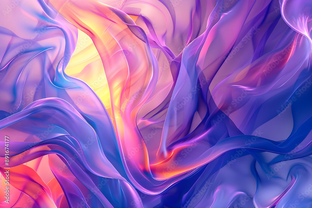 Poster abstract artwork featuring flowing colors in shades of purple, pink, and yellow, creating a dynamic 