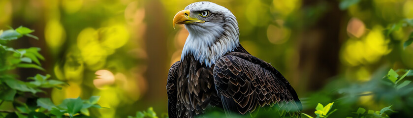 Obraz premium Bald eagle in wooded area, photorealistic, sharp detail, vibrant green, serene atmosphere