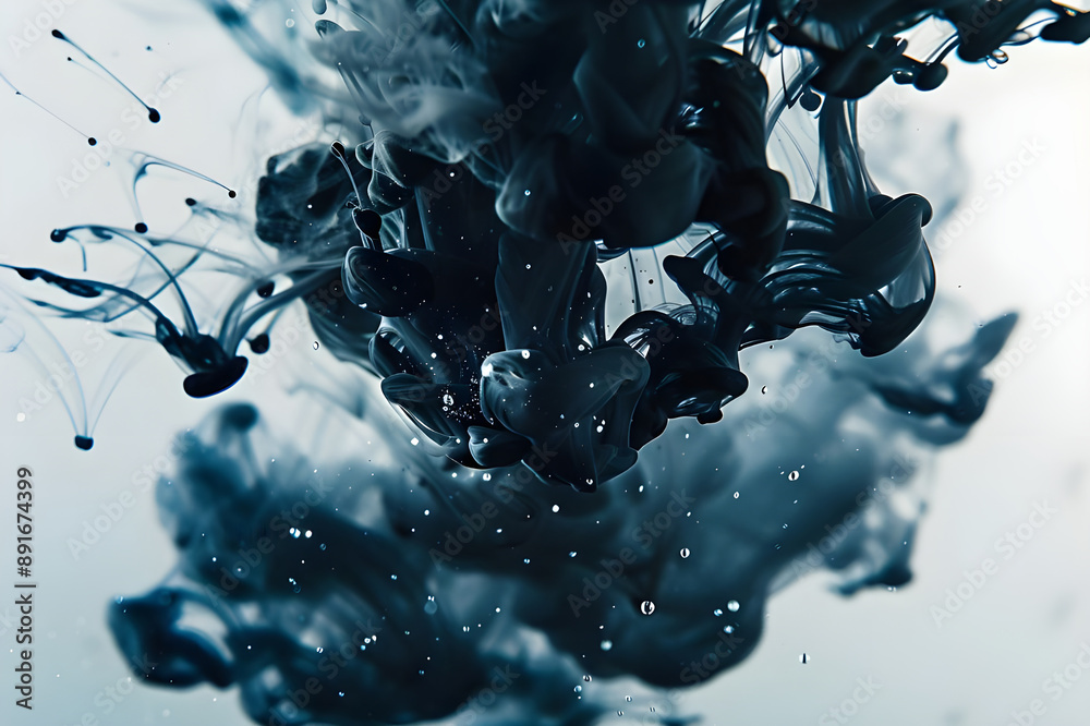 Poster Abstract image of dark ink swirling in water, creating a captivating and moody visual with intricate patterns and fluid motion.